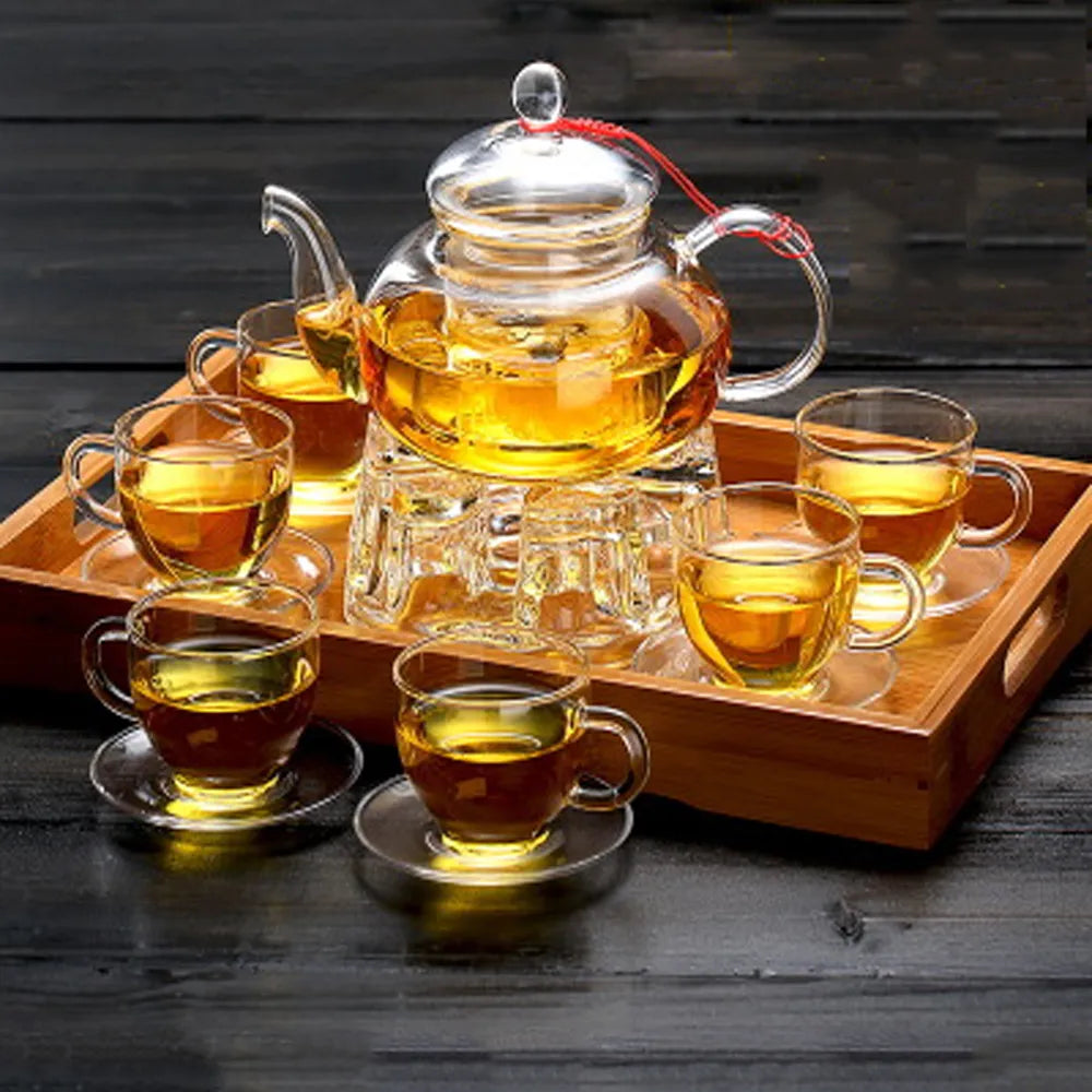 Elegant Glass Tea Set Borosilicate Glass Teapot With Cups Bamboo Tea Tray Tea Set Kettle Warmer Glass Teapot Giftset