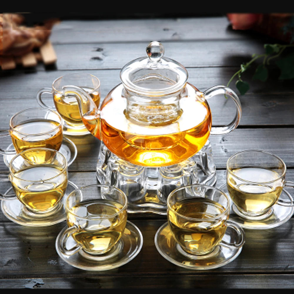 Elegant Glass Tea Set Borosilicate Glass Teapot With Cups Bamboo Tea Tray Tea Set Kettle Warmer Glass Teapot Giftset