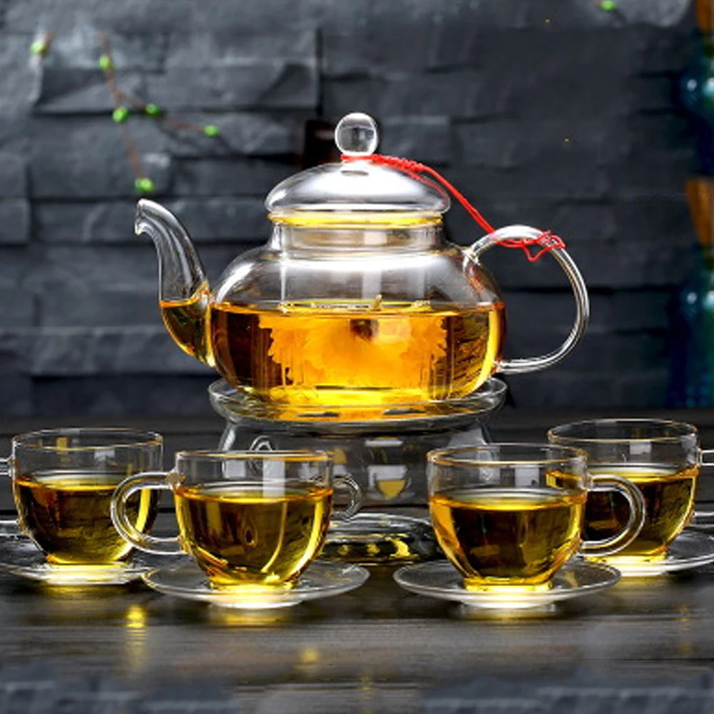 Elegant Glass Tea Set Borosilicate Glass Teapot With Cups Bamboo Tea Tray Tea Set Kettle Warmer Glass Teapot Giftset