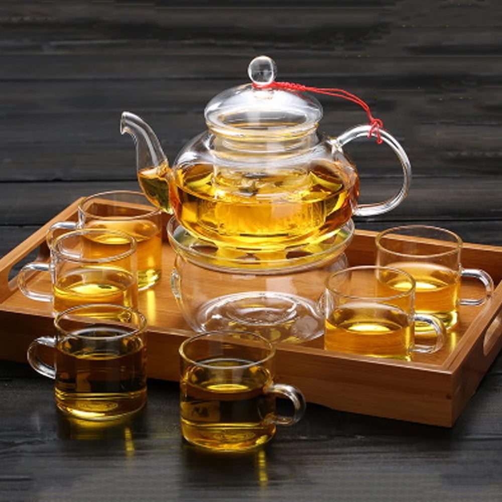 Elegant Glass Tea Set Borosilicate Glass Teapot With Cups Bamboo Tea Tray Tea Set Kettle Warmer Glass Teapot Giftset