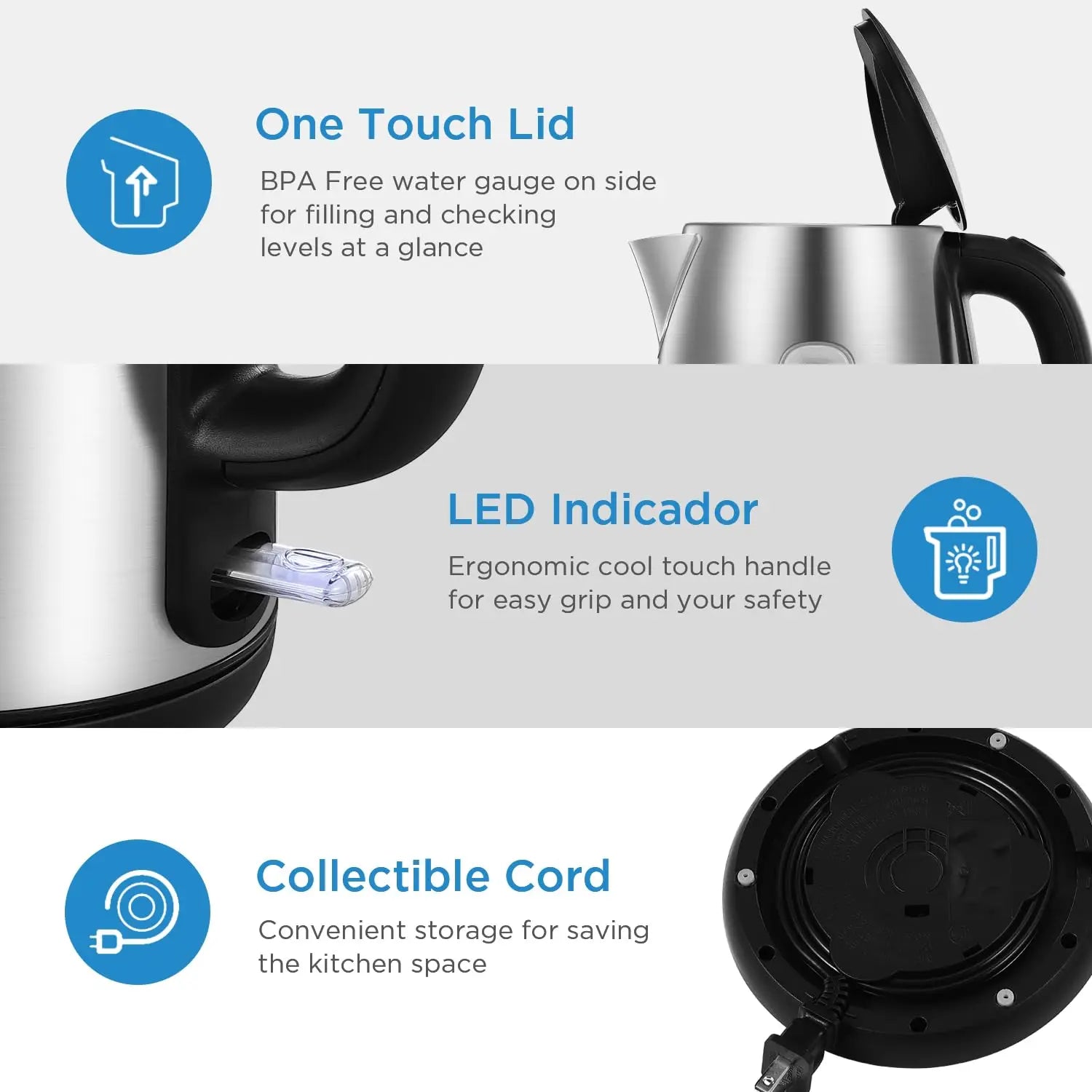 Midea Electric Kettle 3000W Fast Boil 1.7L Stainless Steel Kettle with  LED Indicator,Water Level Indicator, Dry Burn Protection