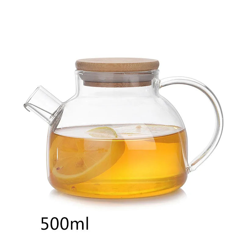 Heat Resistant Glass Tea Infuser Pot  With Wooden Cover Flower Tea kettle Coffee Cup Teapot Set