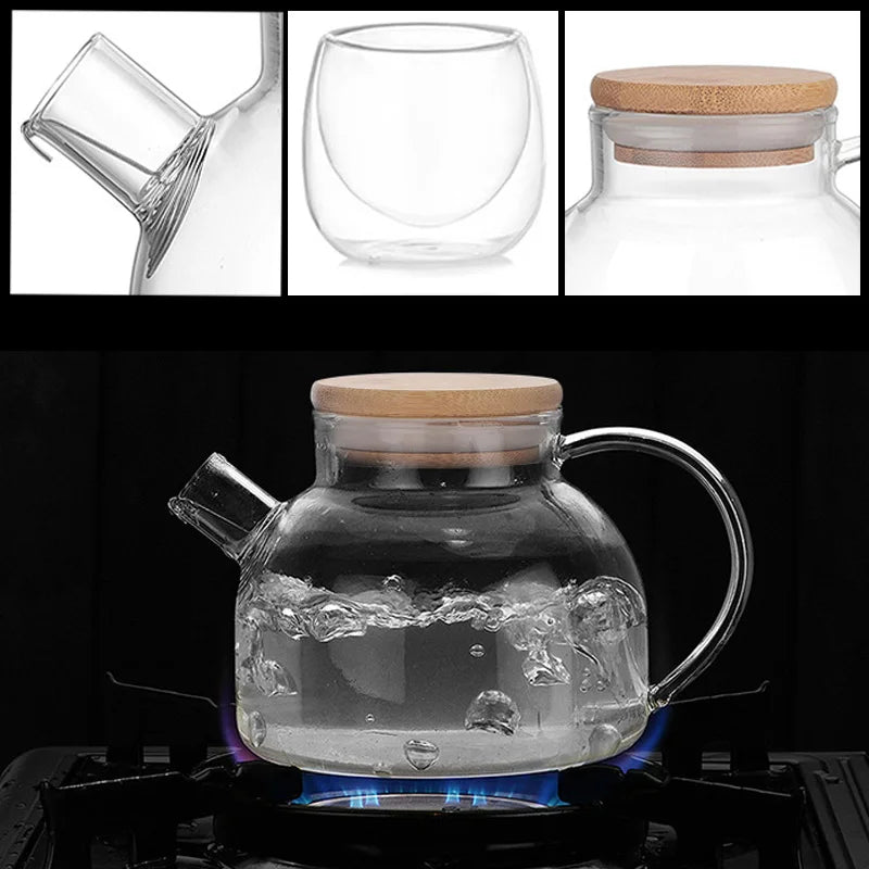 Heat Resistant Glass Tea Infuser Pot  With Wooden Cover Flower Tea kettle Coffee Cup Teapot Set