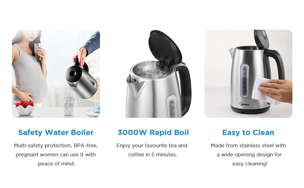 Midea Electric Kettle 3000W Fast Boil 1.7L Stainless Steel Kettle with  LED Indicator,Water Level Indicator, Dry Burn Protection