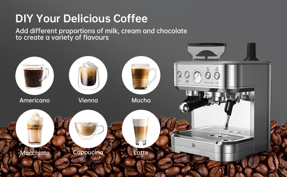 15 Bar Automatic Espresso Coffee Machine with Milk Frother and Grinder, Coffee Maker , 2.5L Water Tank