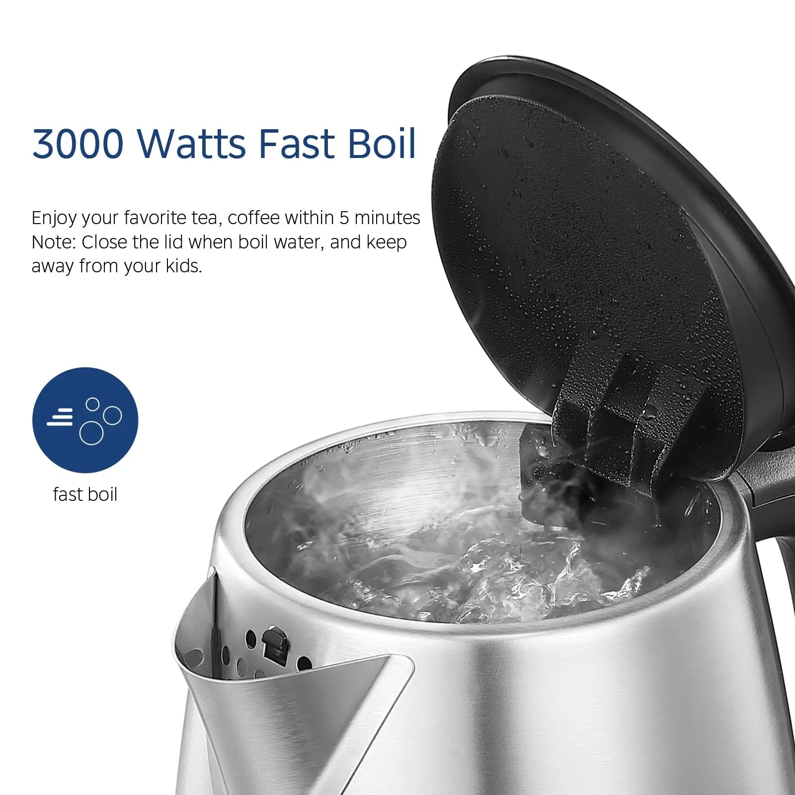 Midea Electric Kettle 3000W Fast Boil 1.7L Stainless Steel Kettle with  LED Indicator,Water Level Indicator, Dry Burn Protection