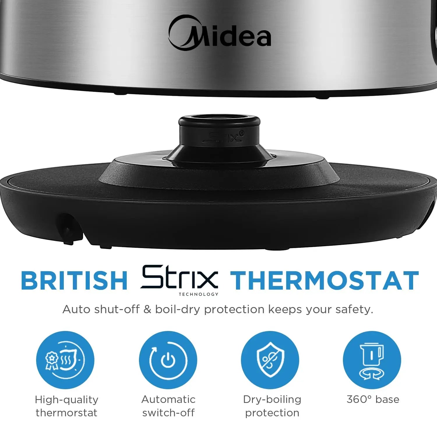 Midea Electric Kettle 3000W Fast Boil 1.7L Stainless Steel Kettle with  LED Indicator,Water Level Indicator, Dry Burn Protection