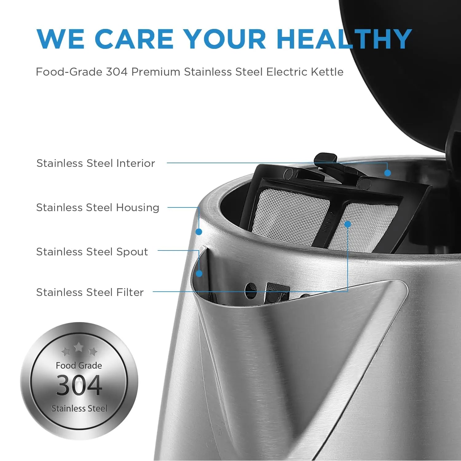 Midea Electric Kettle 3000W Fast Boil 1.7L Stainless Steel Kettle with  LED Indicator,Water Level Indicator, Dry Burn Protection