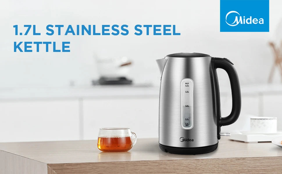 Midea Electric Kettle 3000W Fast Boil 1.7L Stainless Steel Kettle with  LED Indicator,Water Level Indicator, Dry Burn Protection
