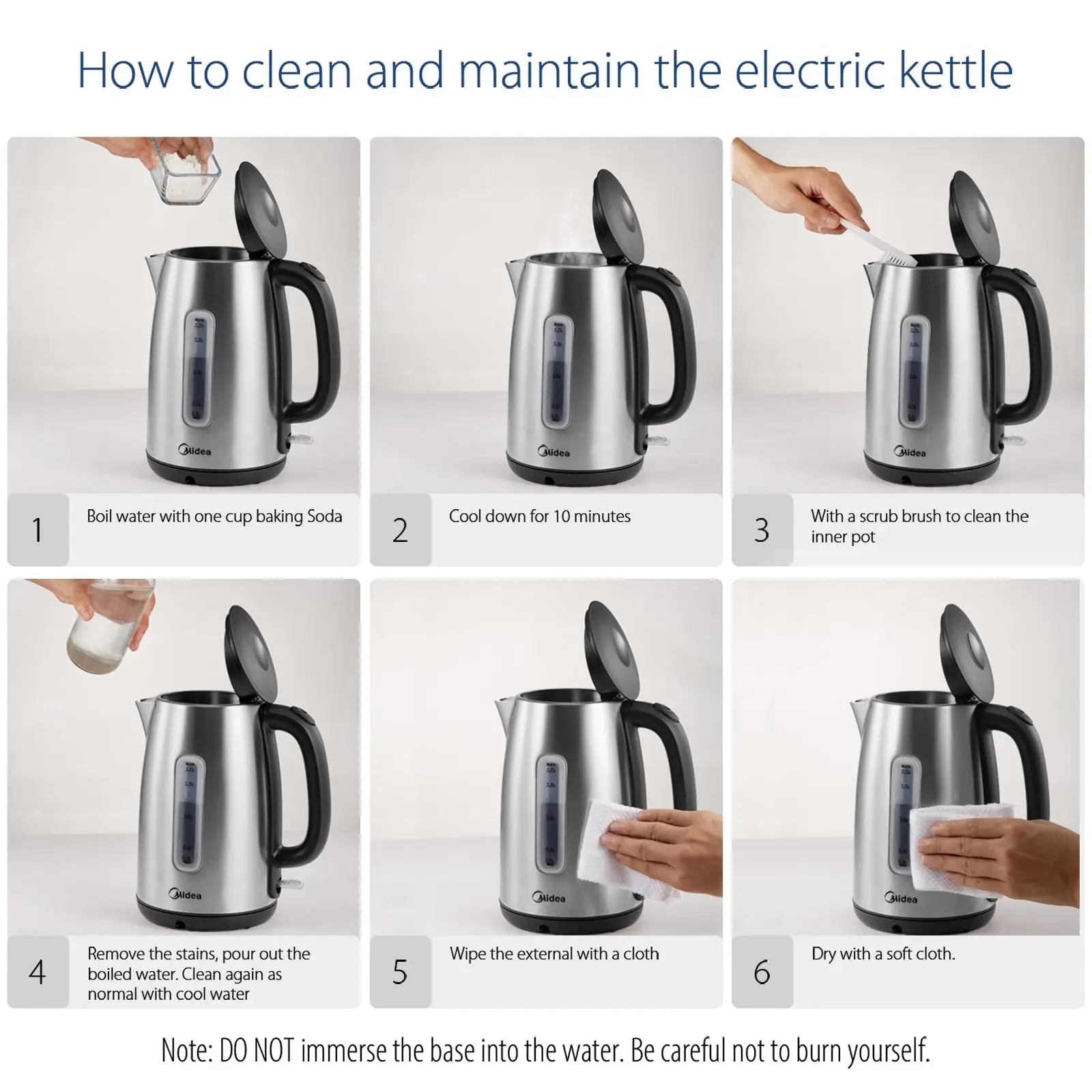 Midea Electric Kettle 3000W Fast Boil 1.7L Stainless Steel Kettle with  LED Indicator,Water Level Indicator, Dry Burn Protection